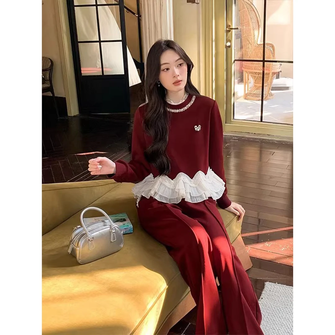 大码300斤高级感小众时尚蕾丝拼接卫衣休闲阔腿裤酒红色两件套女