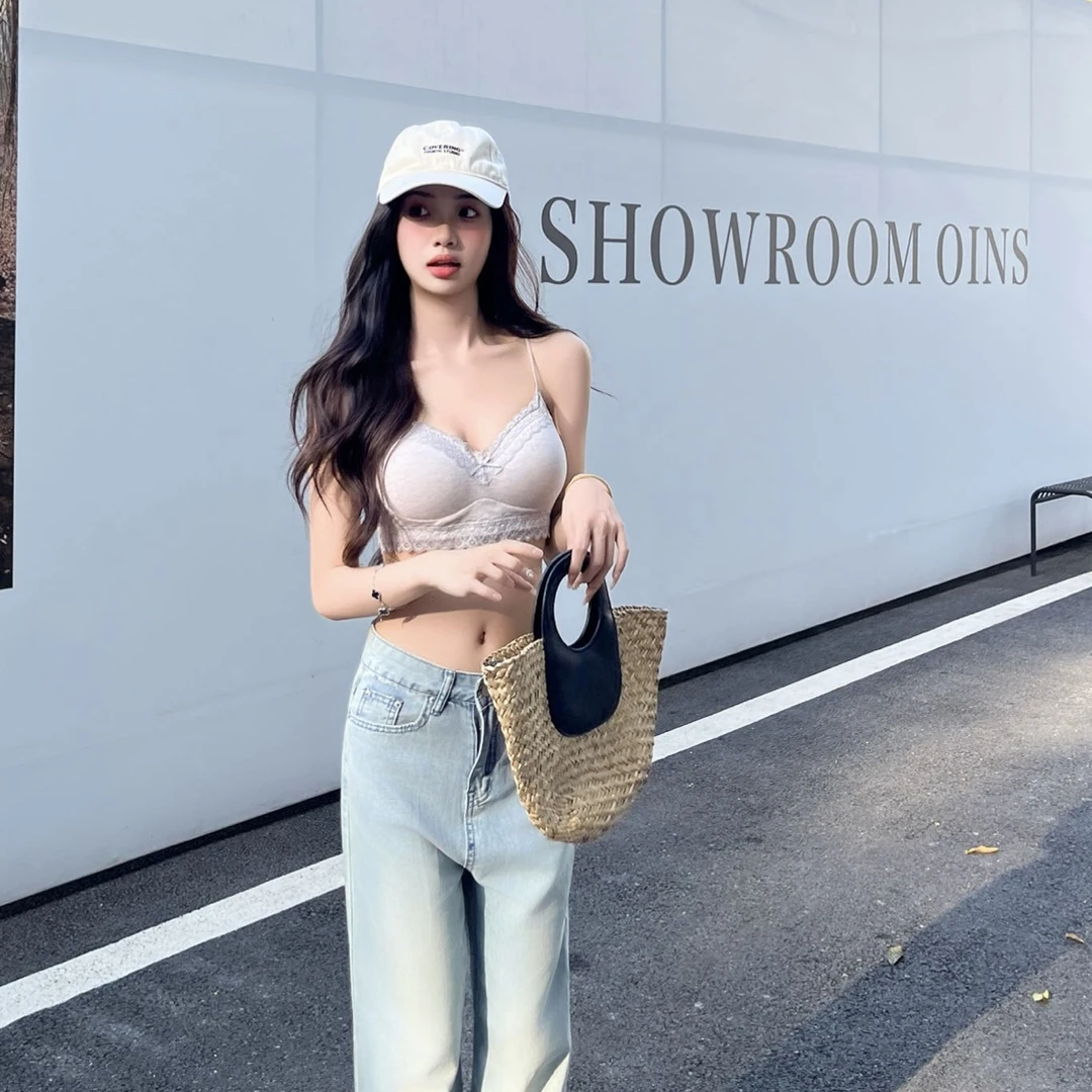 纯欲蕾丝边交叉镂空美背吊带背心一体式固定杯无钢圈聚拢内衣通勤