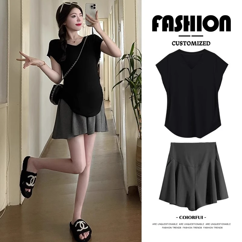 孕妇套装夏季外穿2025款小个子修身V领t恤短裤裙穿搭高级感两件套