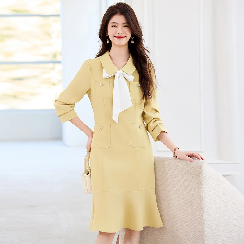 小香风名媛长袖连衣裙女2025早春新款高端蝴蝶结时尚鱼尾连衣裙