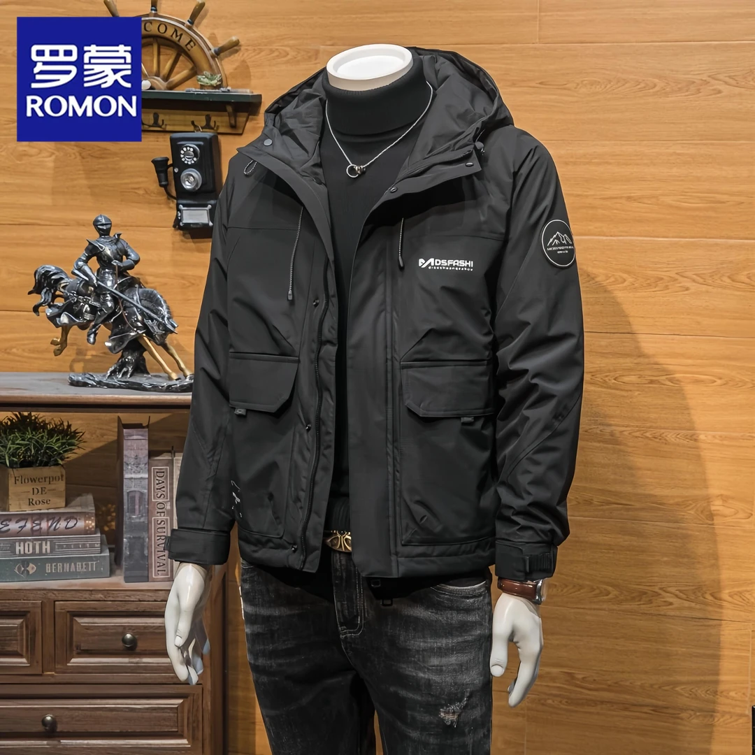 Romon/罗蒙秋冬季连帽男士夹克新款潮牌休闲工装外套加棉加厚衣服