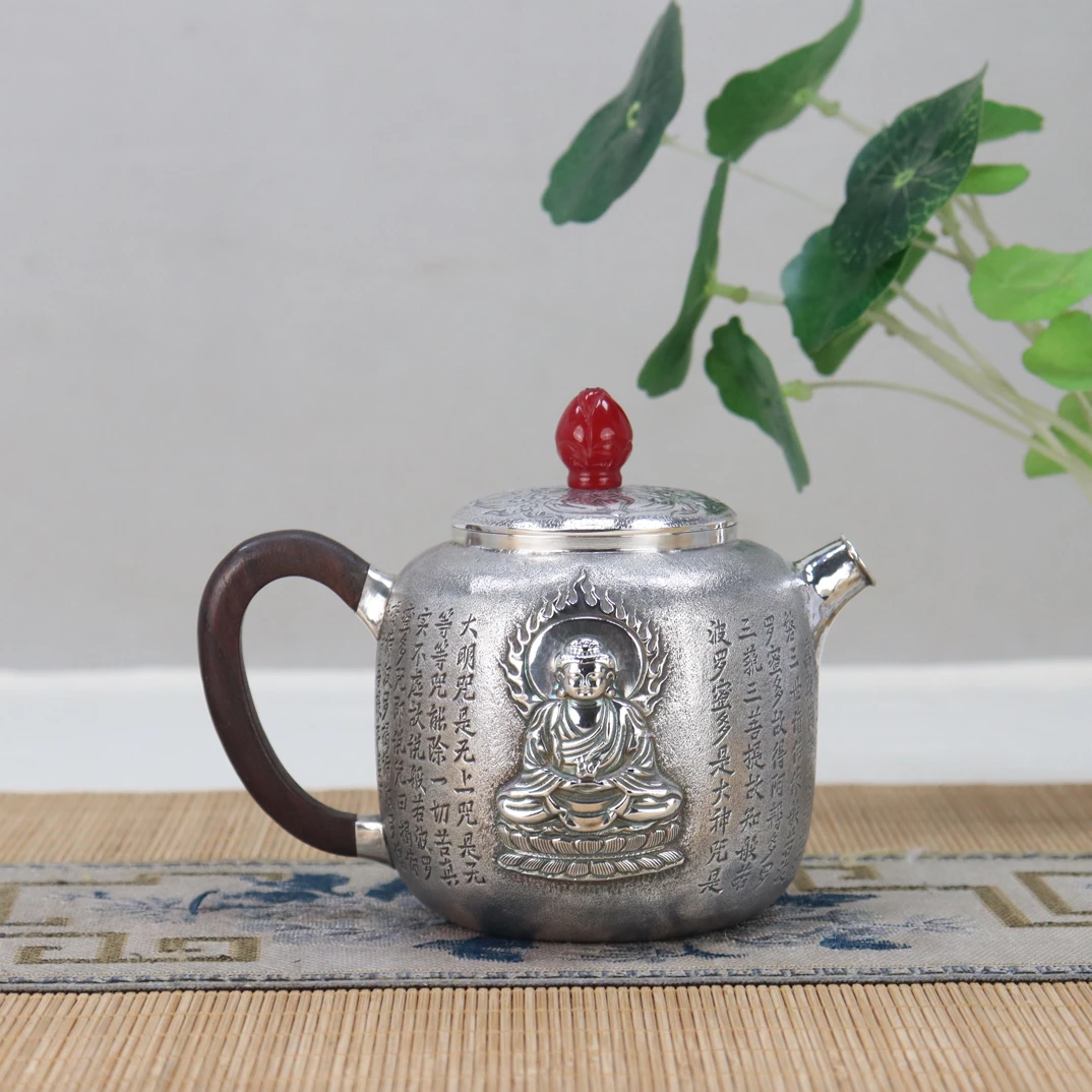 家用复古功夫茶具纯银心经泡茶壶木柄银茶具手工银壶