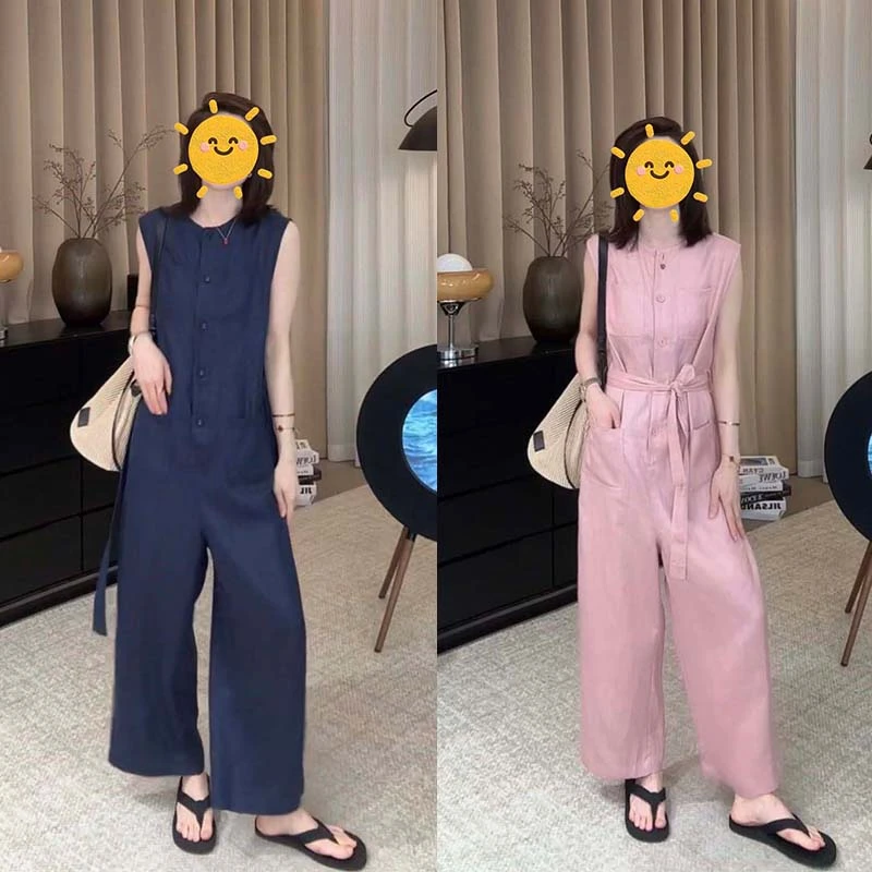 2025年夏粉色无袖系带连体裤大方得体连衣裤小个子宽松显瘦连身裤