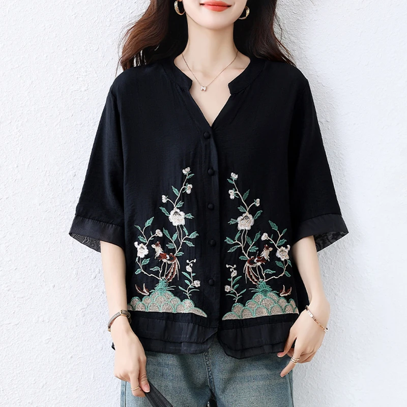 提花刺绣黑色衬衫女2025夏季时尚显瘦减龄大码高级感中袖v领上衣