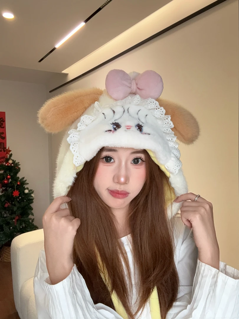 卡通甜美可爱护耳帽毛绒雷锋帽子女秋冬保暖学生显脸小