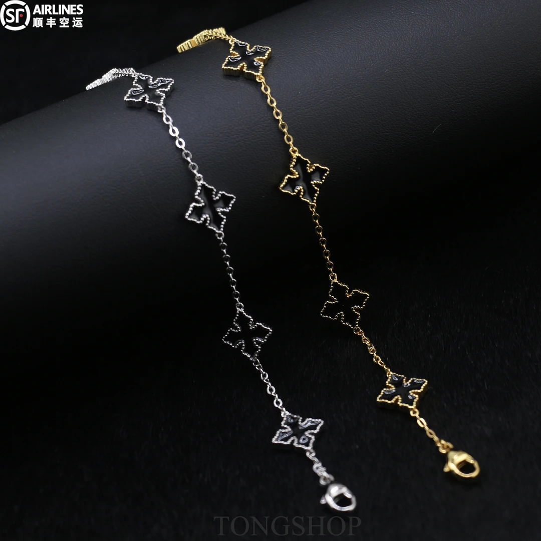 925银手链 TONGSHOP 925银黑十字可调节手链十字架四叶草美式手链