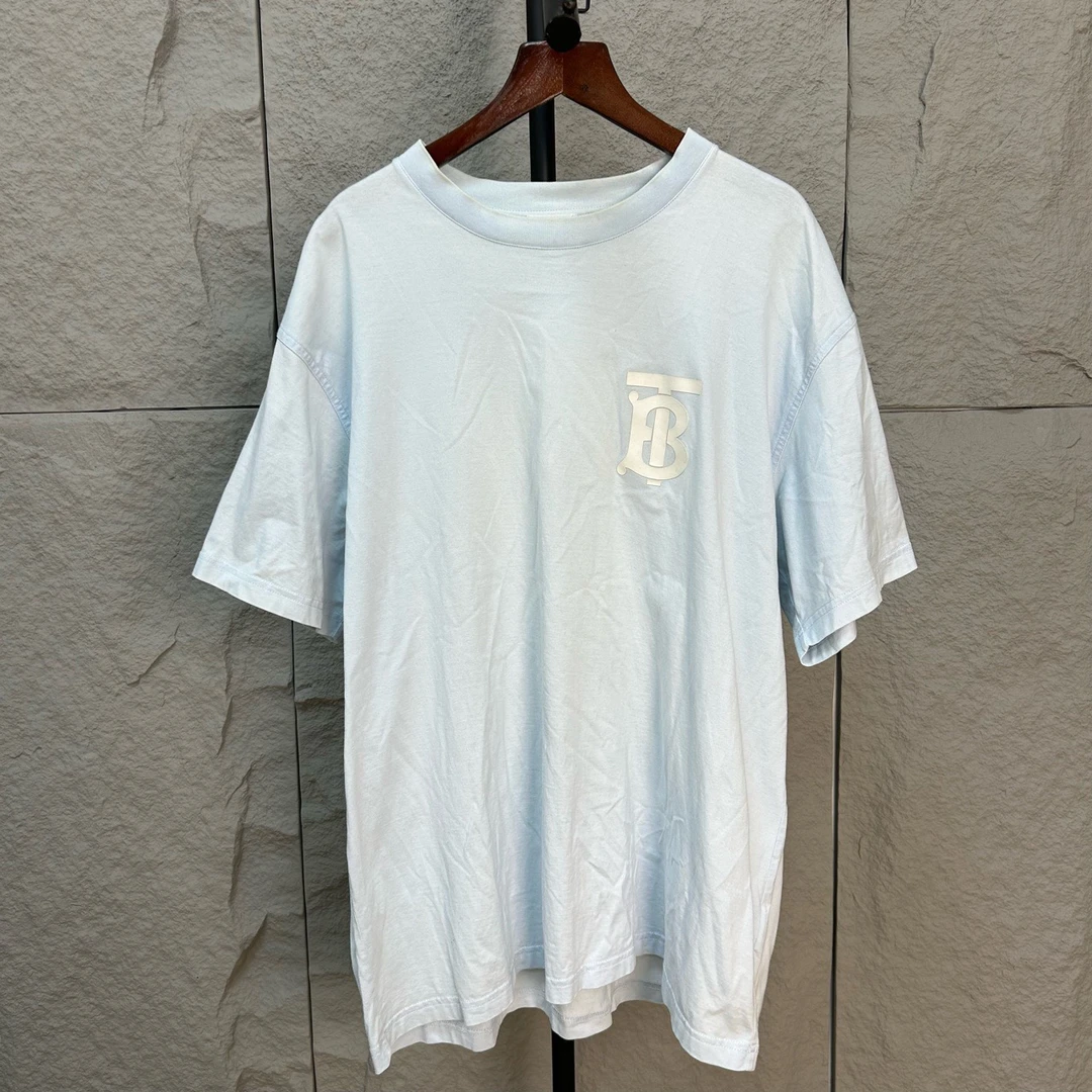 99新 BURBERRY/博柏利 TB标识印花圆领蓝色棉质短袖 M码 ys001073