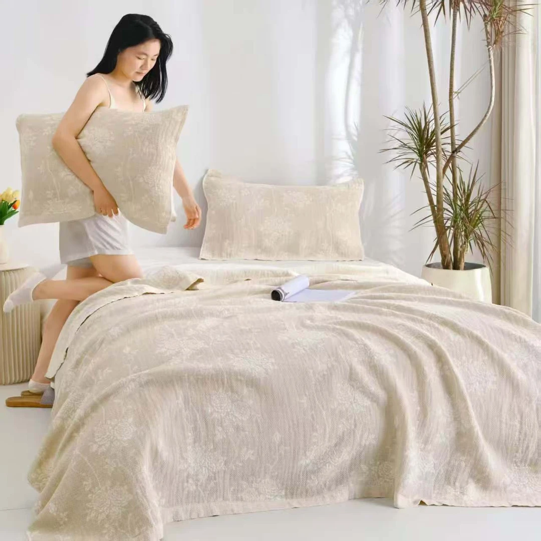 【流金玫瑰】200*230cm亲肤柔软汉麻纱布双面床盖加厚可铺可盖