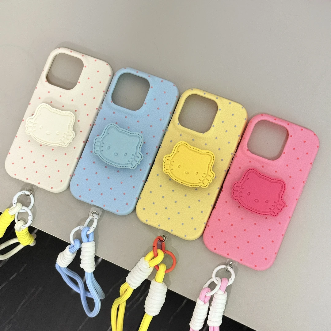 皮革KT猫支架适用苹果16Pro手机壳华为OPPO小米VIVO一加新款波点