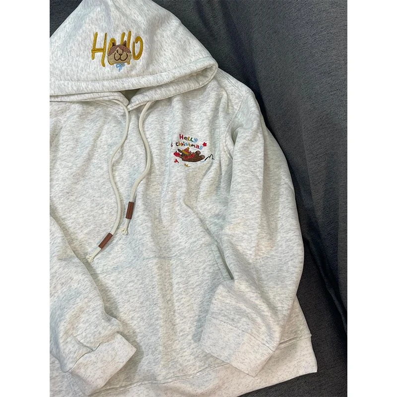 美式复古小狗刺绣连帽外套女秋冬加绒oversize减龄洋气百搭卫衣潮