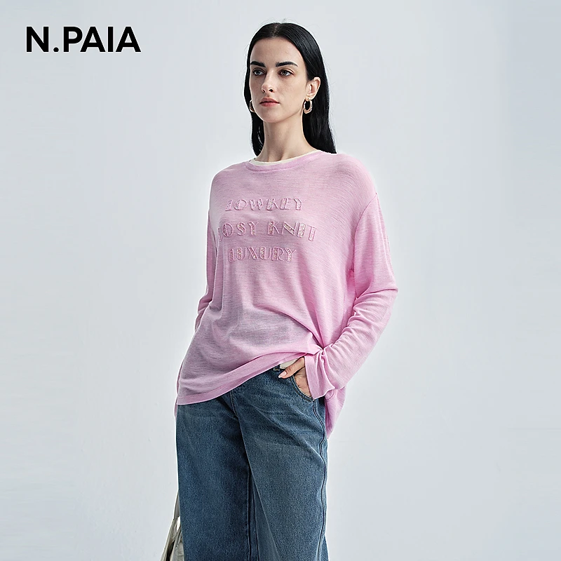 恩派雅2025早秋新款绵羊毛亮钻字母圆领长袖针织衫T恤XNKAW5308A