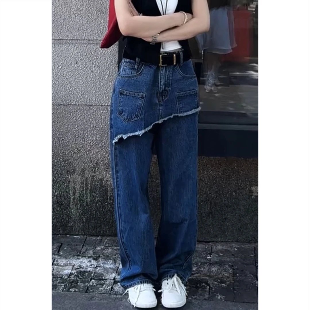 艾塔莉早秋新款阔腿裤高腰工装风长裤牛仔裤美式小众设计感复古女