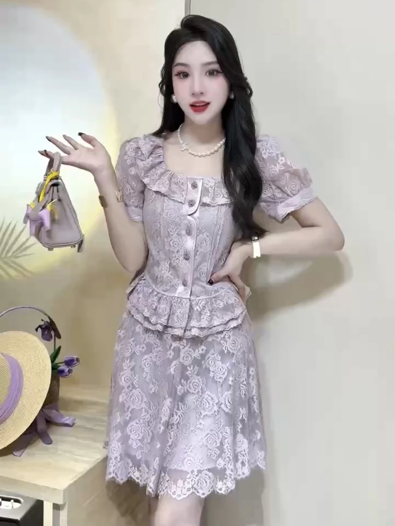 UJIA『水溶蕾丝』方领套装高奢气质钉珠女夏季浅紫色蕾丝裙10105