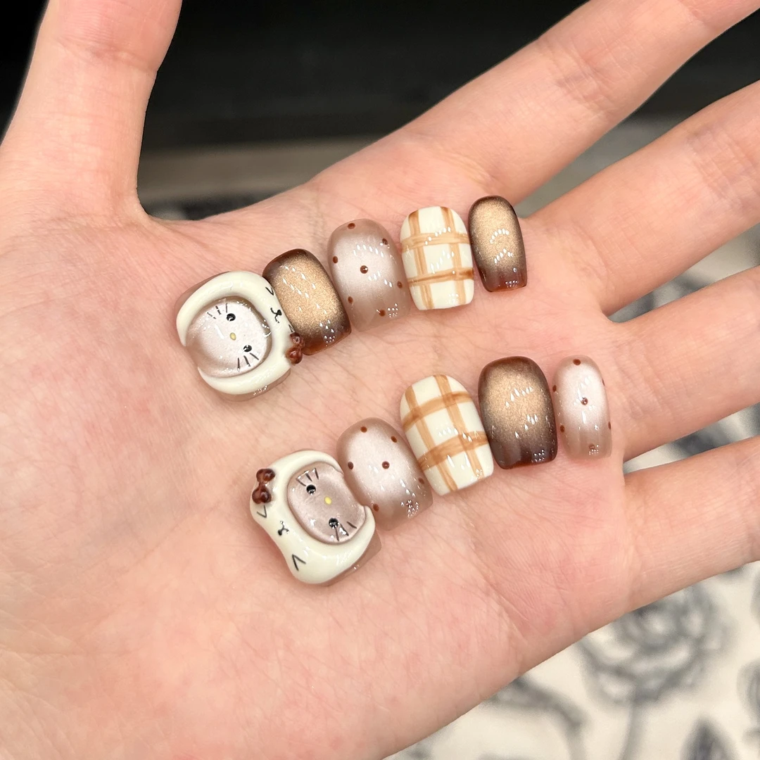 【戴帽Kitty】蓝珊手工穿戴甲帽兜格纹波点美拉德焦糖可爱捏捏卡通