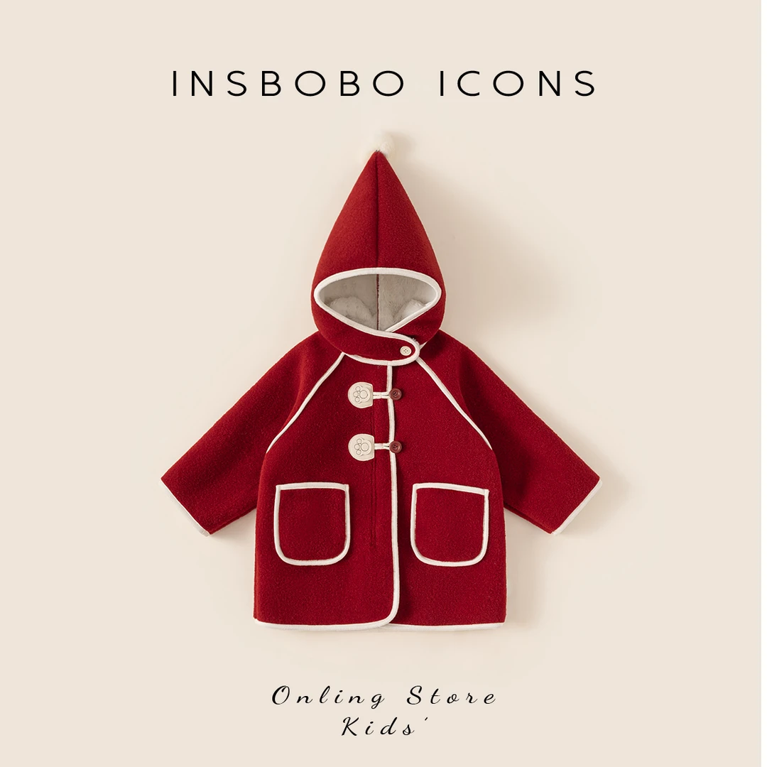 INSbobo女童大衣初冬穿搭中长款连帽撞色包条尖尖帽呢大衣DY85129