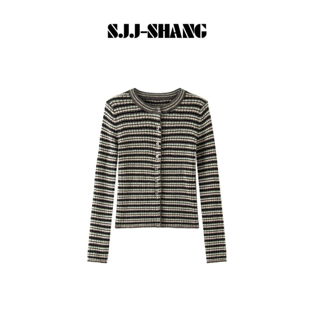 SJJ-SHANG【彩条】小香超细羊毛针织撞色条纹针织开衫q136010p