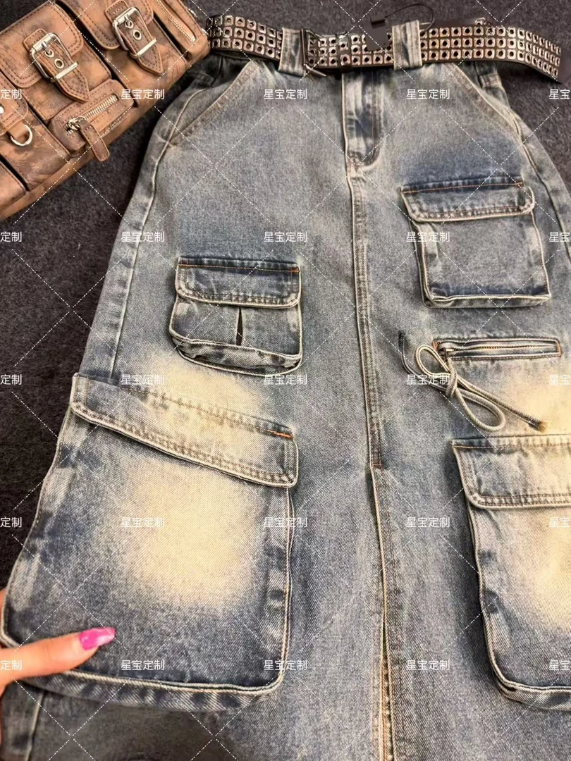 韩式复古百搭高腰工装立体口袋牛仔裙9015