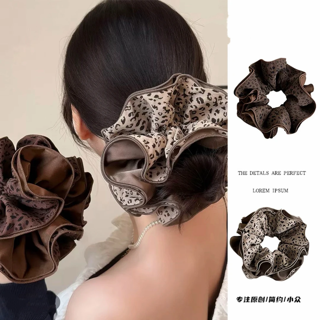时尚新款秋冬豹纹美拉德韩版气质大肠发圈缎面头饰百搭简约发圈