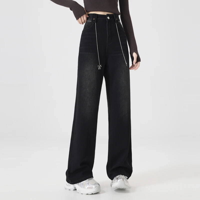 快鱼2025春季新款百搭复古高腰直筒女舒适亲肤透气显高显瘦牛仔裤