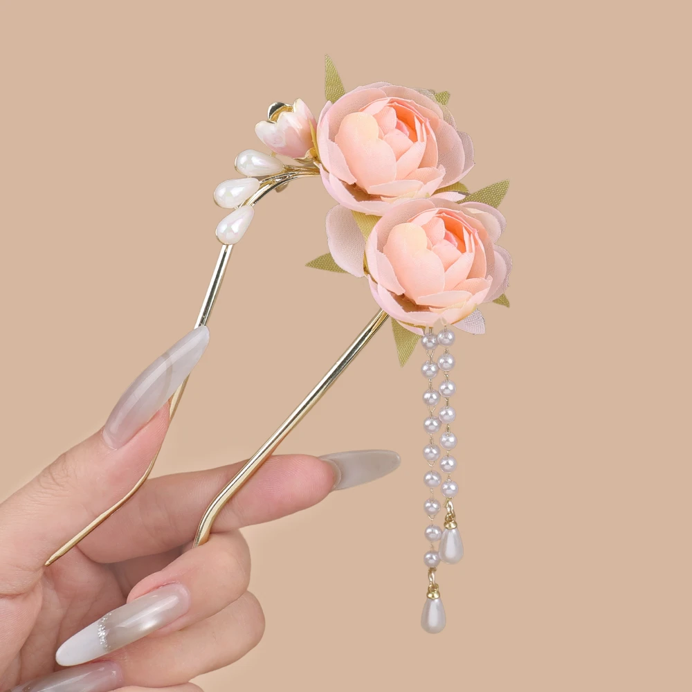 超仙古风珠珠步摇玫瑰花U型发簪插梳国风旗袍簪子温柔发饰头饰