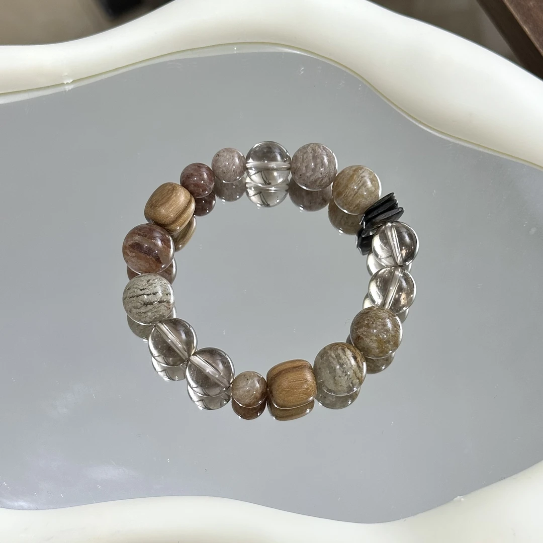 天然千层幽灵+茶晶+奶香木+沉沉隔片手串 13mm