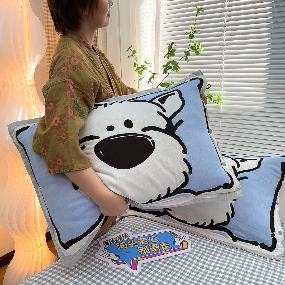 按扣式纯棉水洗纱布枕套一对装48x74/加大加厚透气学生全包枕头套