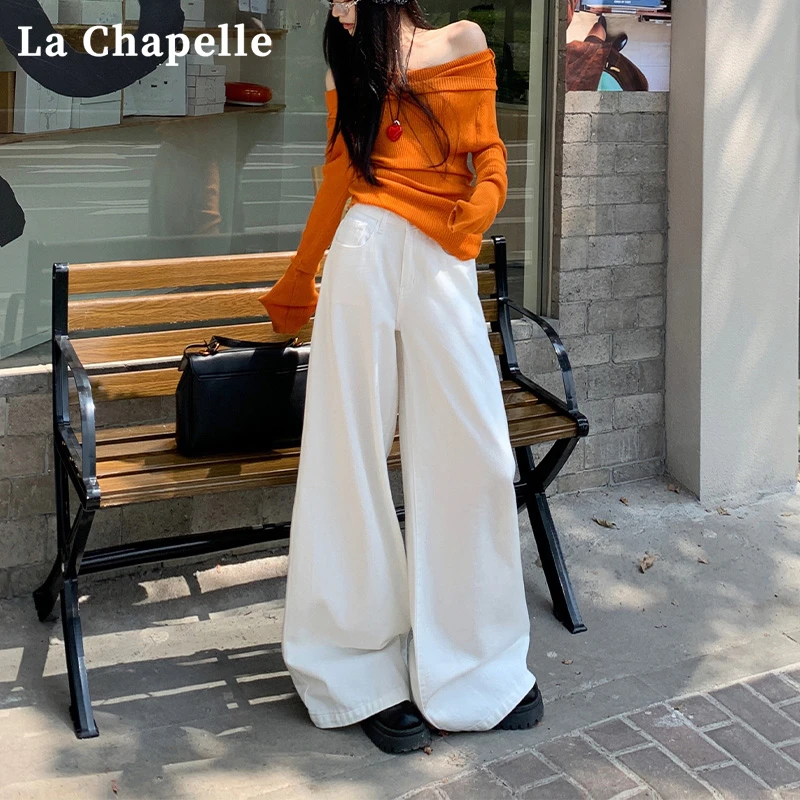 拉夏贝尔美式白色阔腿牛仔裤女宽松慵懒垂感高腰直筒休闲拖地裤子