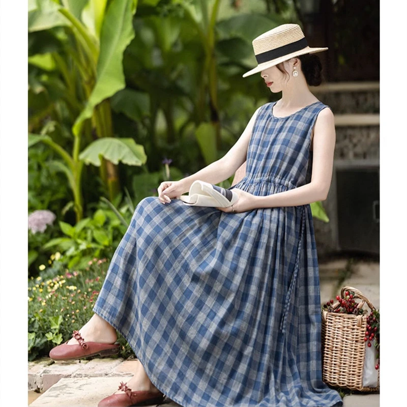 100%棉抽绳无袖连衣裙女2025新款宽松显瘦复古文艺气质格子背心裙