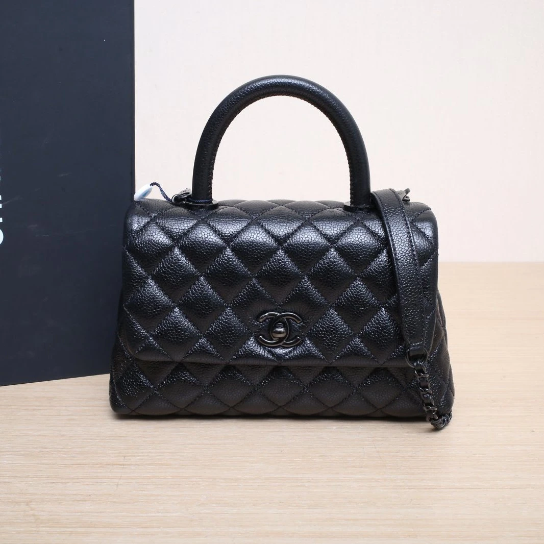 99新 Chanel/香奈儿 小花6欢 Coco Handle 小号 黑色 30开 黑扣