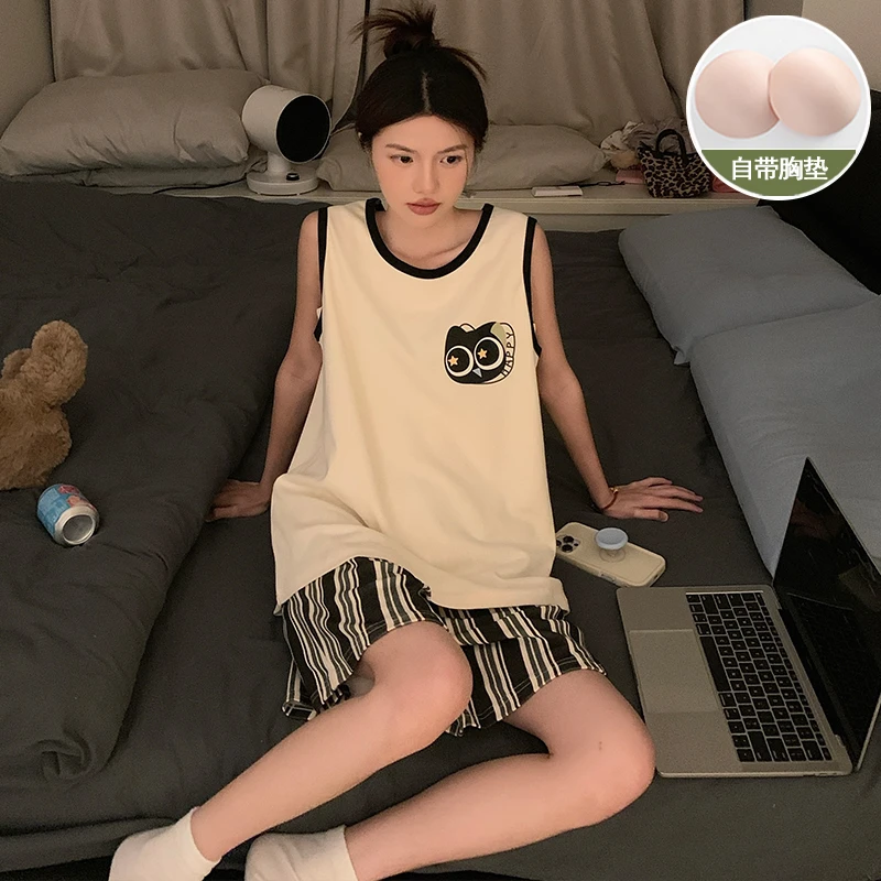 带胸垫睡衣女夏季薄款可爱小猫无袖背心家居服套装夏天学生可外穿
