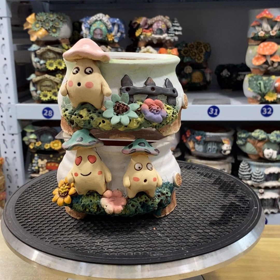 红陶~****晶白狐粗陶手捏花盆