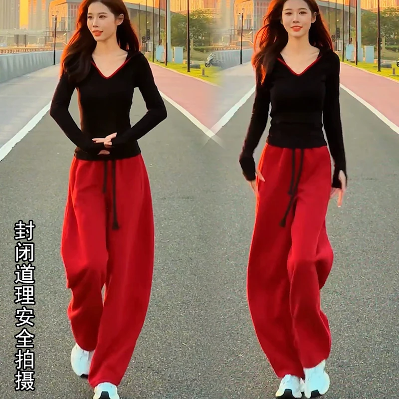 休闲运动套装女修身秋季新款长袖连帽T恤卫衣休闲阔腿裤两件套潮