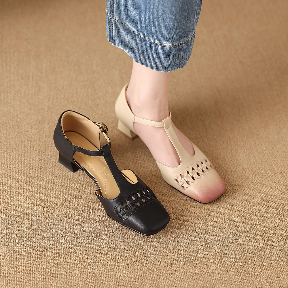 9801-2复古时尚包头凉鞋镂空编织透气时尚丁字带单鞋女粗跟百搭