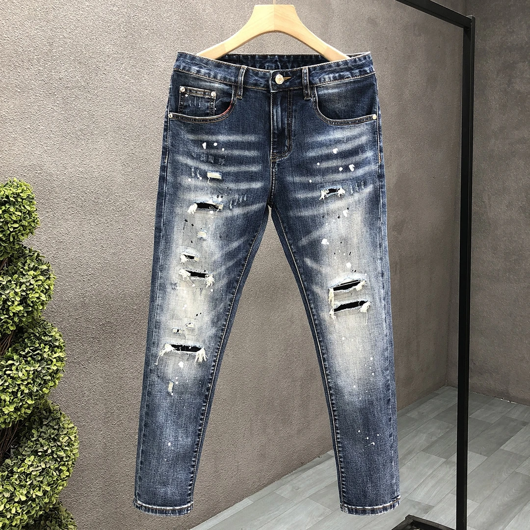 夏季破洞牛仔裤男款韩版修身小脚裤2025夏季新款男士小直筒裤子潮