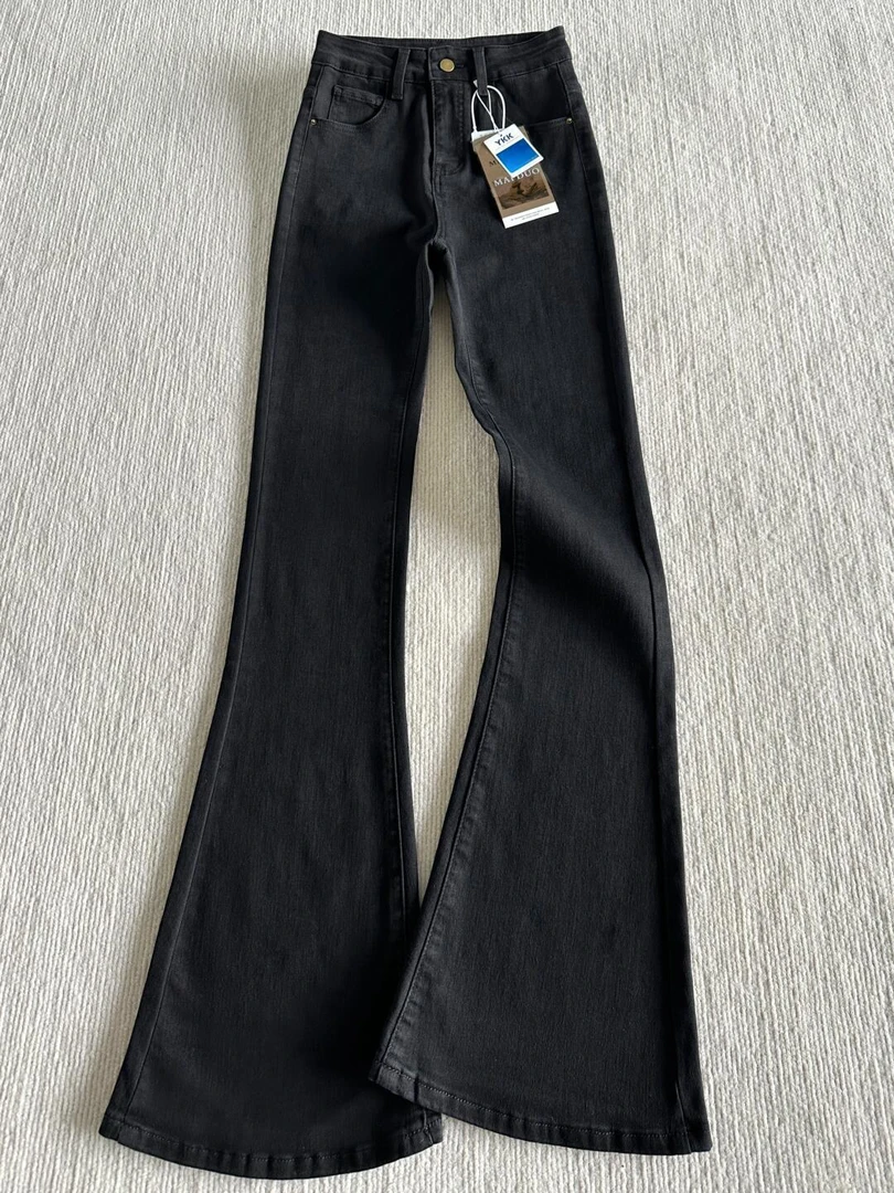 黑色微喇牛仔裤女秋季大码胖mm高腰显瘦修身设计感微弹百搭喇叭裤