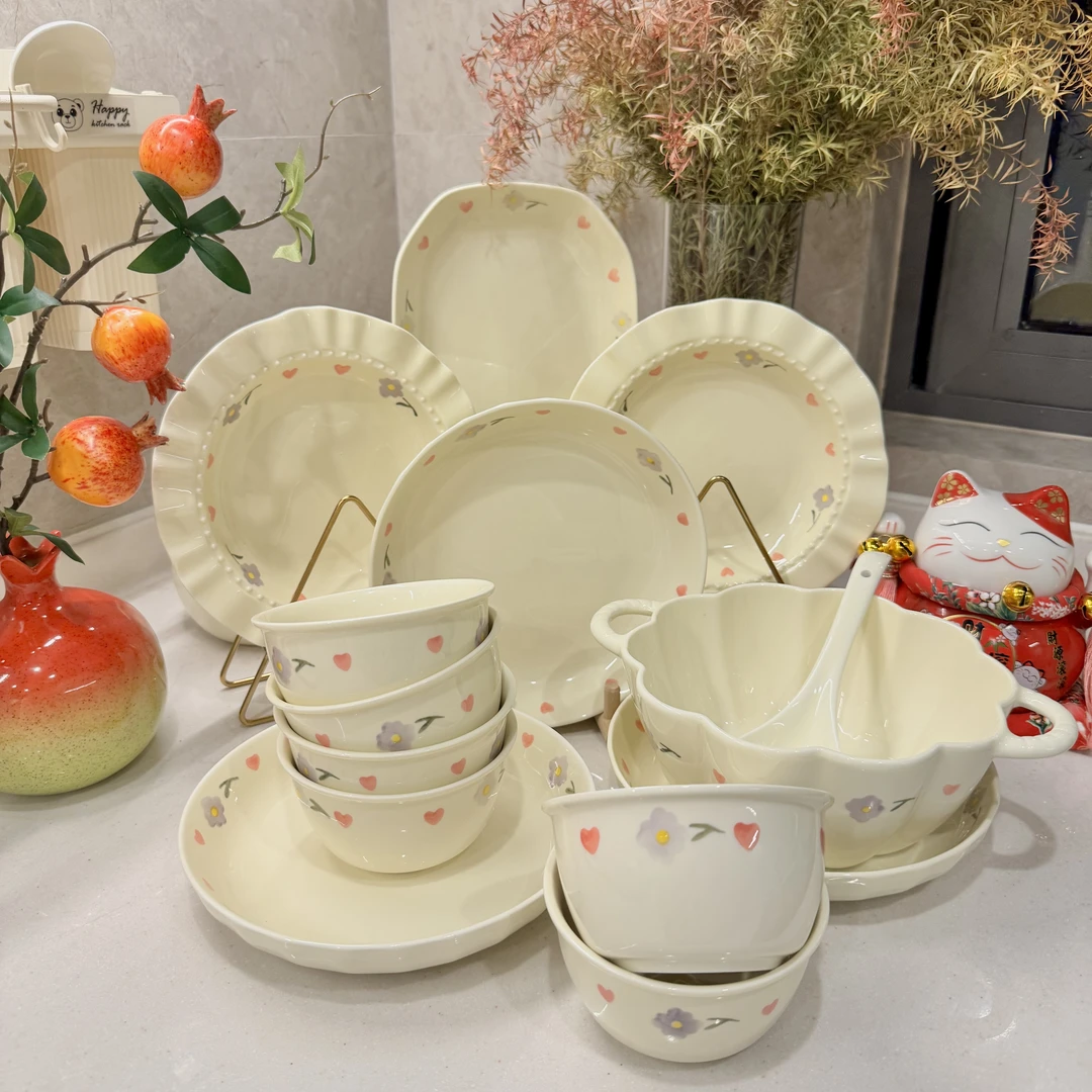 新【紫藤花14件套】奶油碗盘米饭碗圆盘深盘奶油风套装陶瓷餐具碗勺