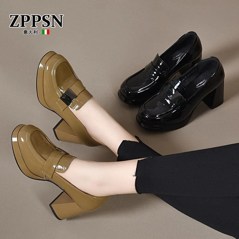 ZPPSN高跟鞋女2024春秋新款粗跟防水台走秀不累脚职业气质复古黑