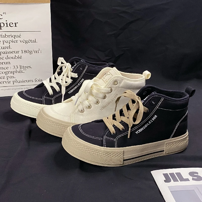 【LuYi】平底高帮帆布鞋女2025春秋新款韩版学生百搭小白鞋