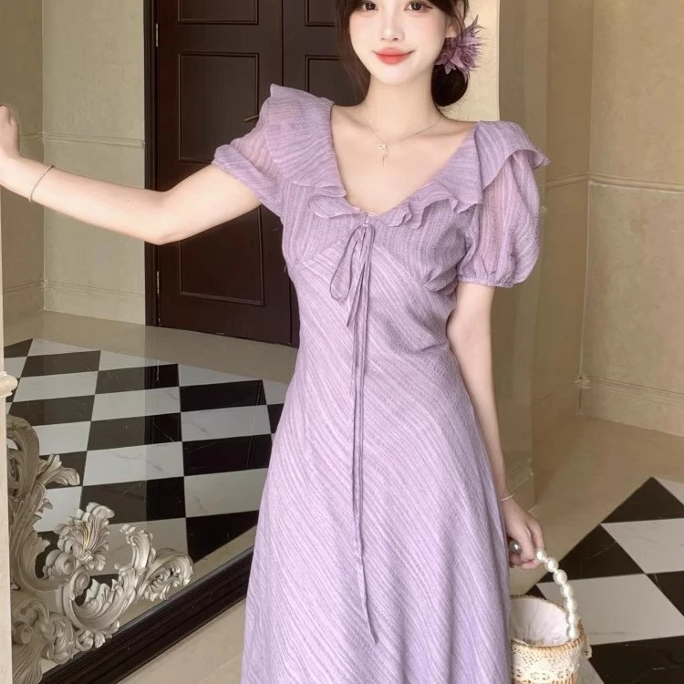 显瘦泡泡袖雪纺裙子大码法式高级感荷叶边v领连衣裙夏季胖mm收腰