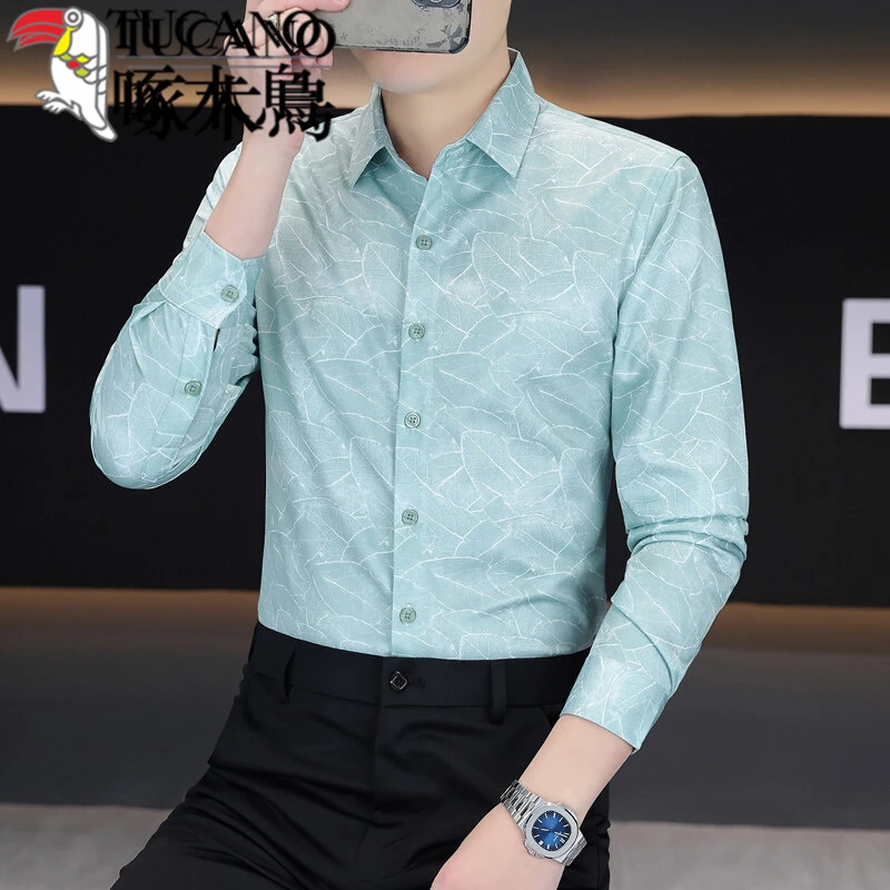 【啄木鸟】高档长袖衬衫男2025新款商务休闲衬衣服男士印花上衣服男