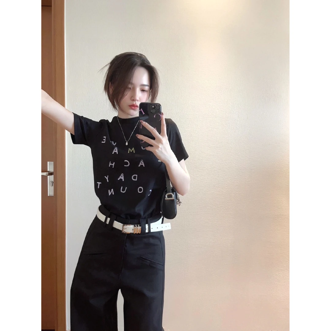 美式黑色字母正肩短袖t恤女夏季新款修身显瘦百搭休闲辣妹上衣潮