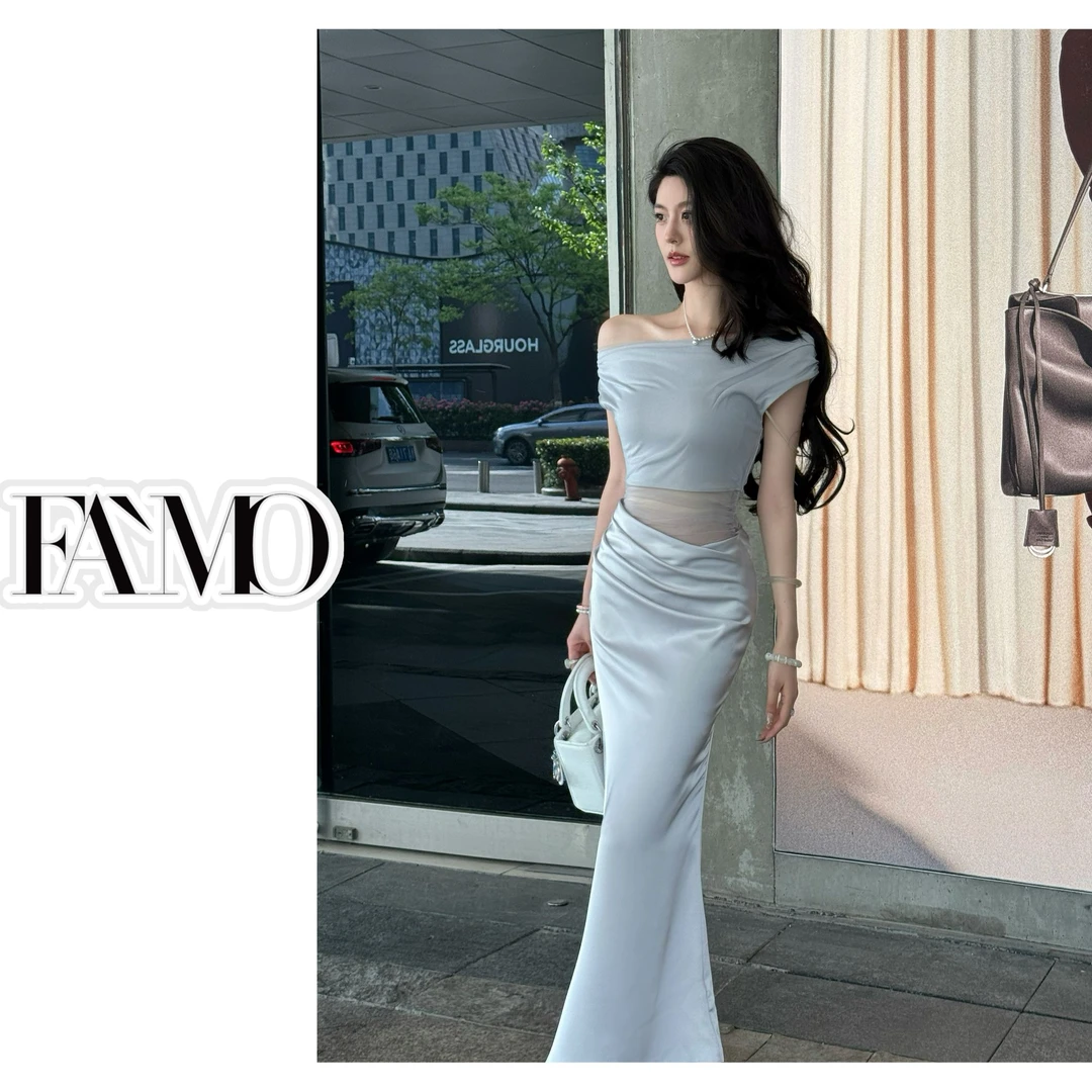 FAMO女装 2025夏装褶皱网纱拼接露腰气质长裙连衣裙女装 90470233