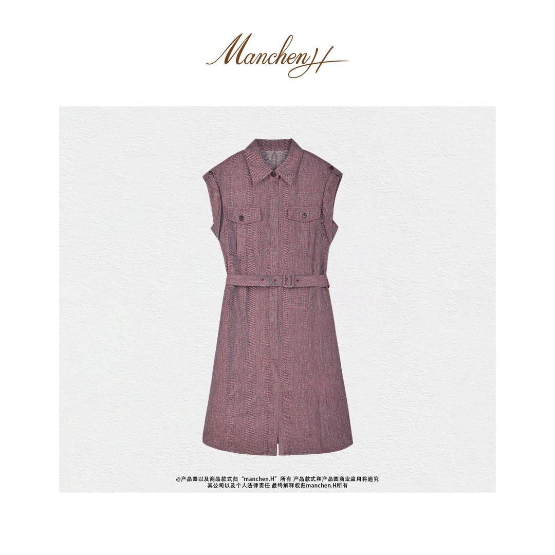 曼辰manchenh"自我轮廓 "意大利进口色织小钻石纹软亚麻连衣裙