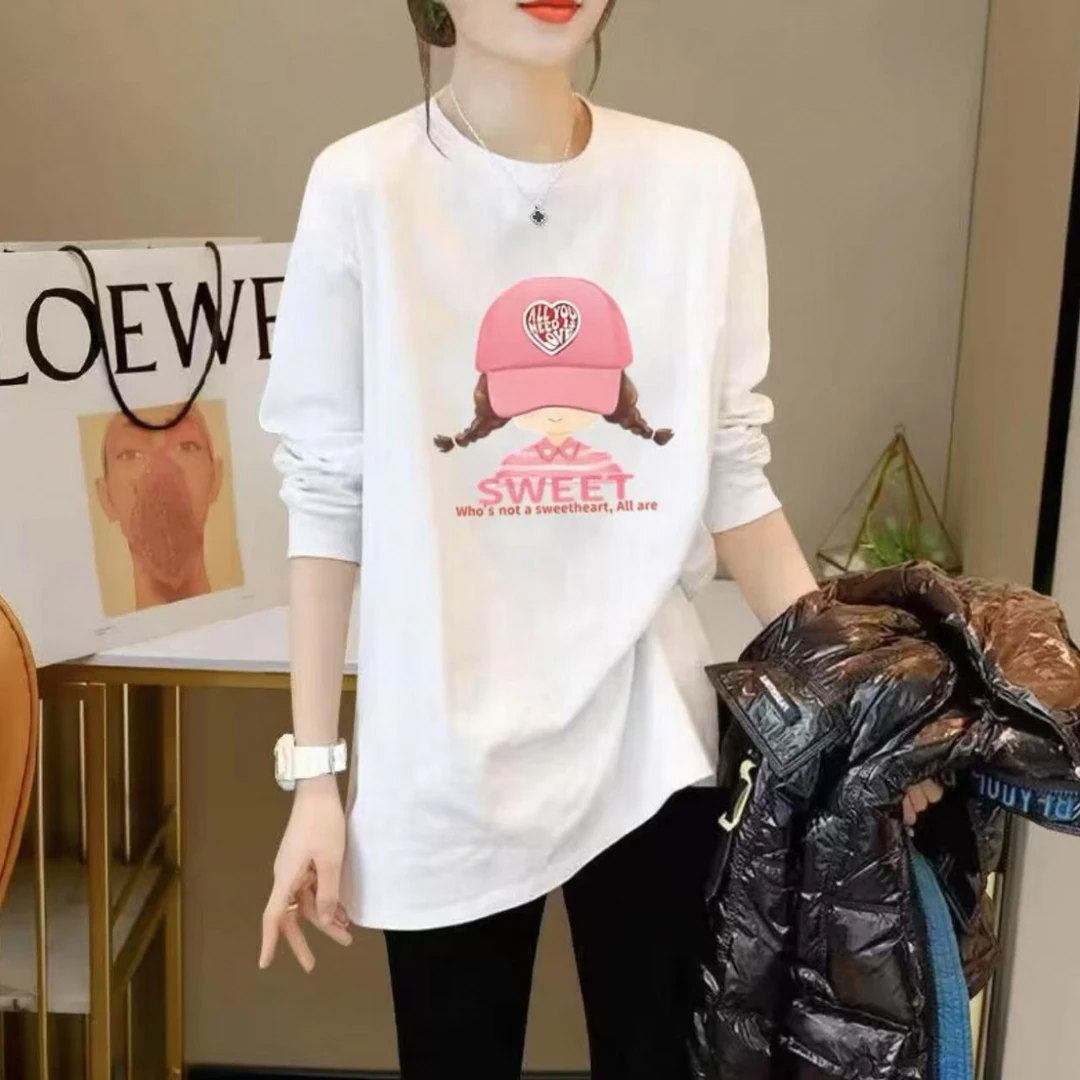 2025长袖春秋男女休闲上衣透气时尚百搭圆领印花T恤 粉帽女孩