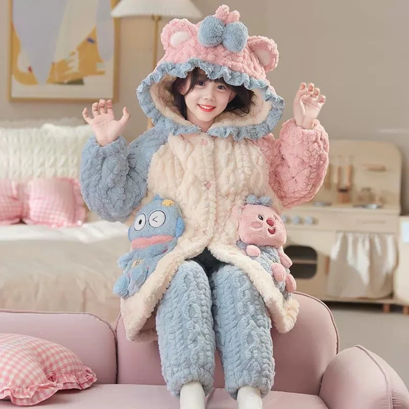 「三层夹棉加厚」儿童过冬睡衣2025新款秋冬款女童法兰绒加绒家居服