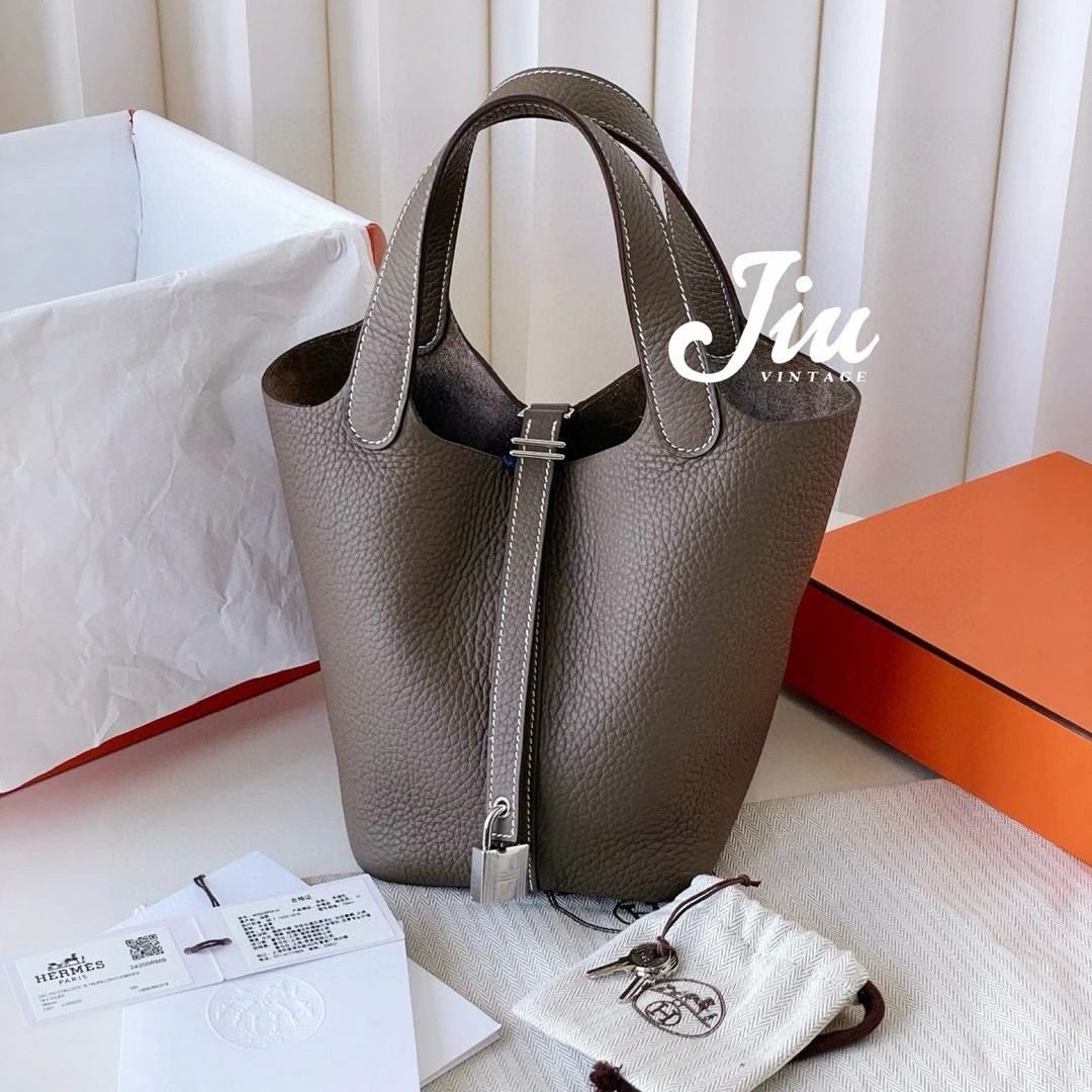 全新未使用 Hermes/爱马仕 菜篮子18 大象灰银扣W 刻CG15-0024