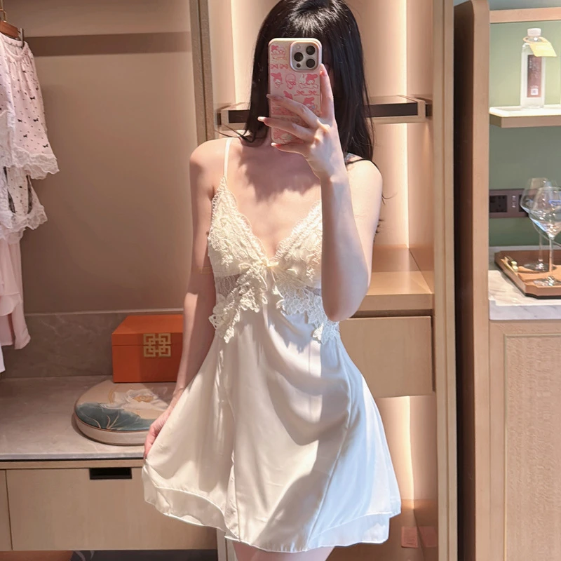 法式性感睡衣女夏季新款冰丝蕾丝纯欲风吊带睡裙带胸垫女士家居服