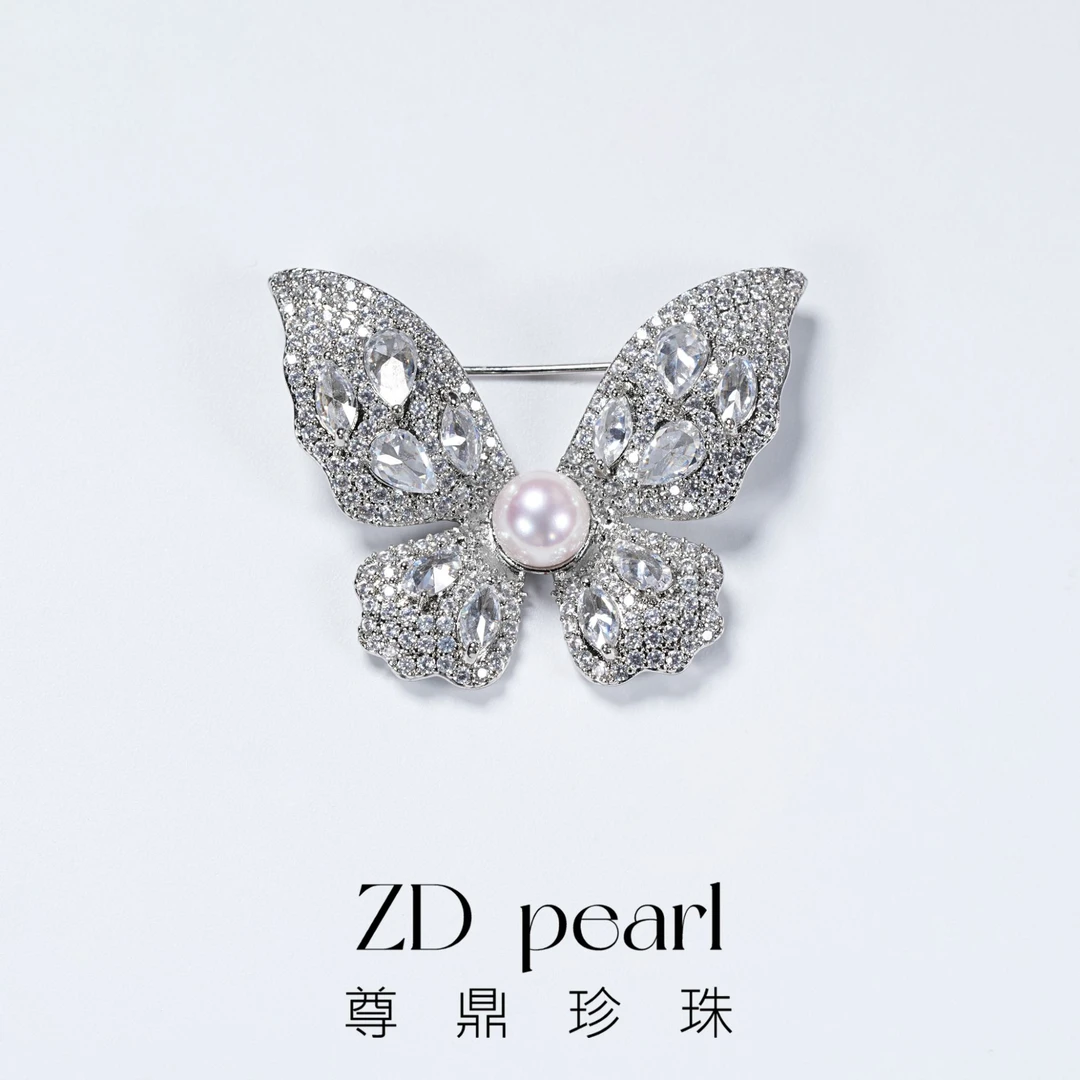 尊鼎珍珠-合金海水珍珠中国南珠白珠蝴蝶胸针7-8mm-Nami