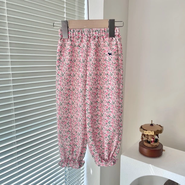 韩单 小狗狗 粉色碎花 木耳边防蚊裤