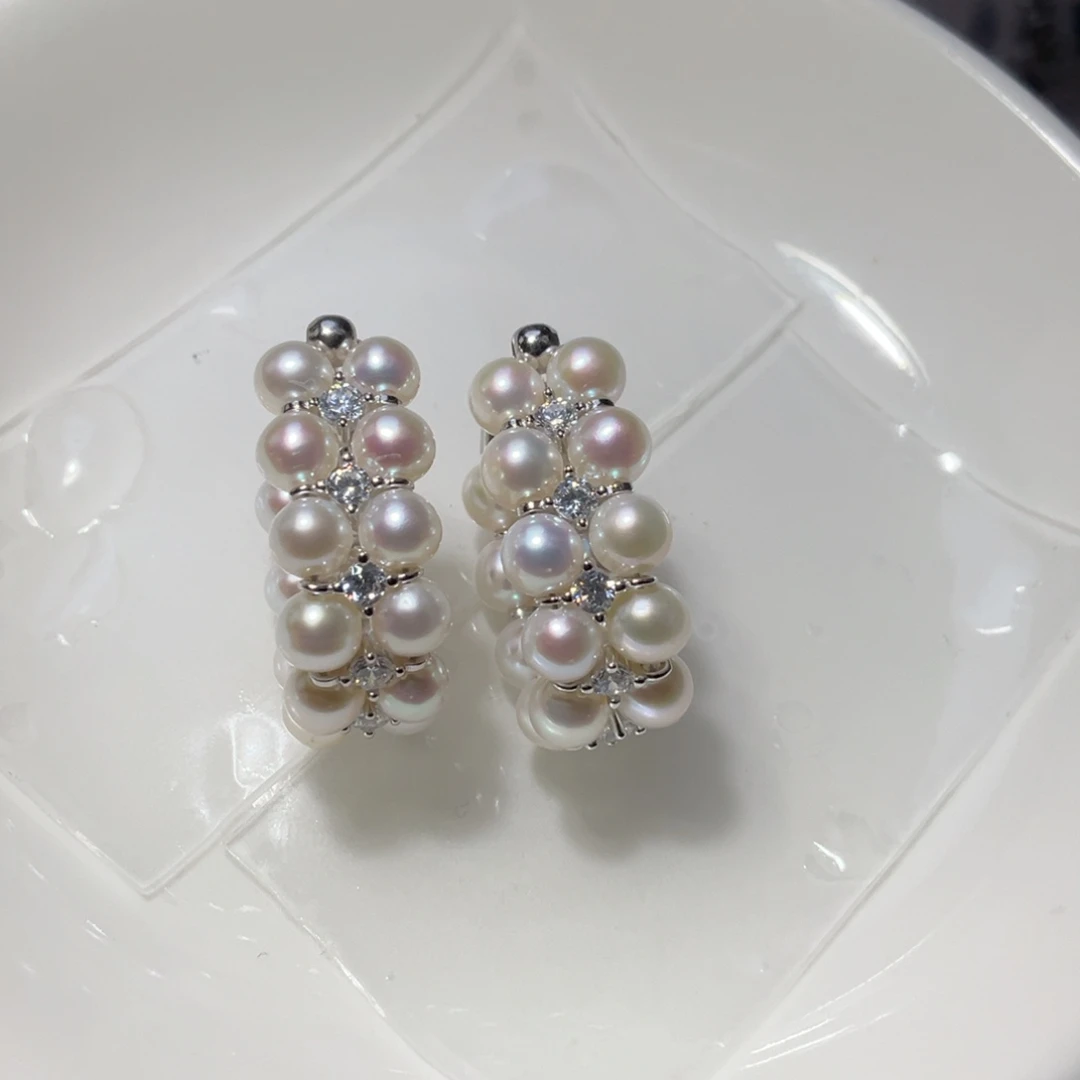 清***淼银S925镶嵌淡水珍珠耳饰